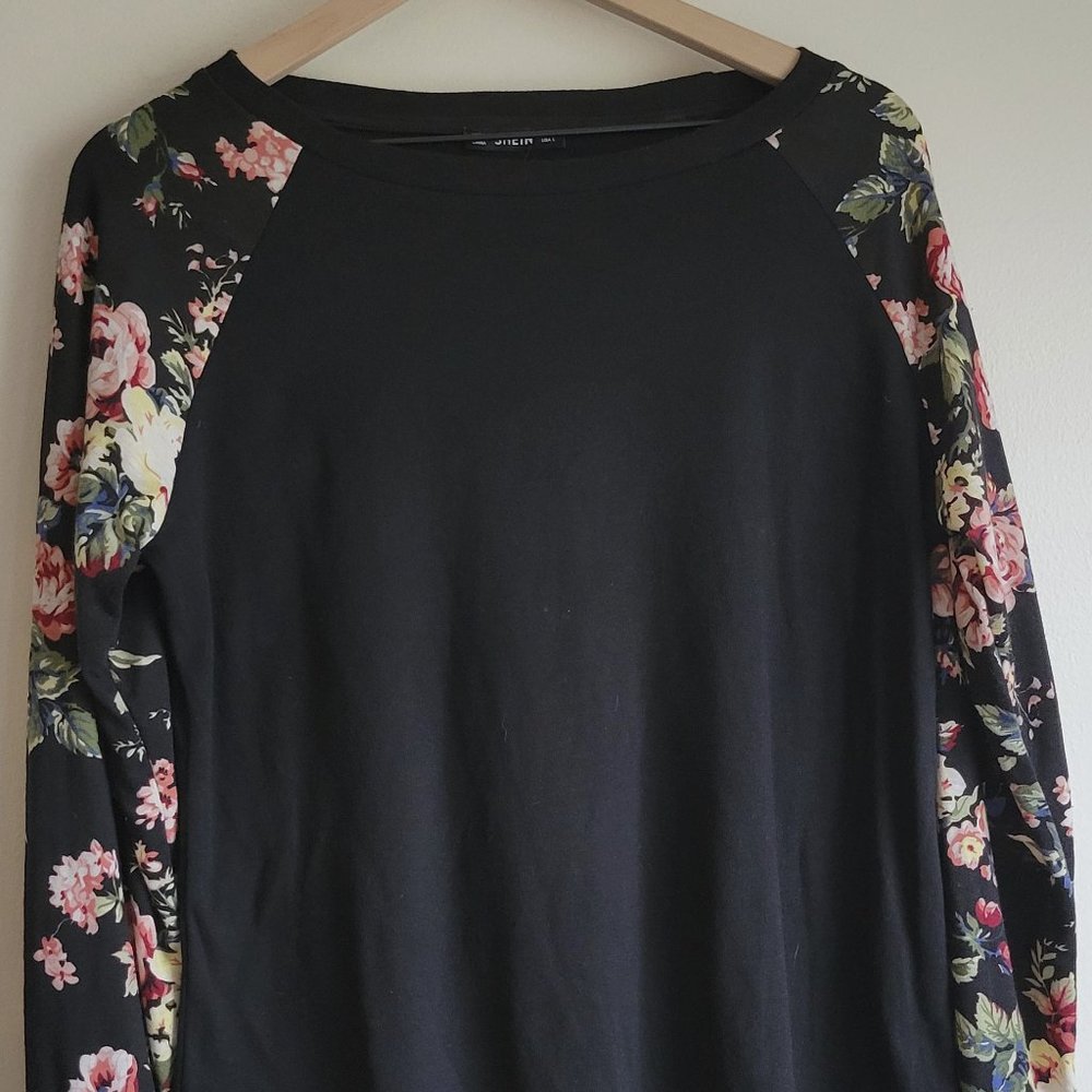 Shein Long Sleeve Tee Black body Floral sleeves L